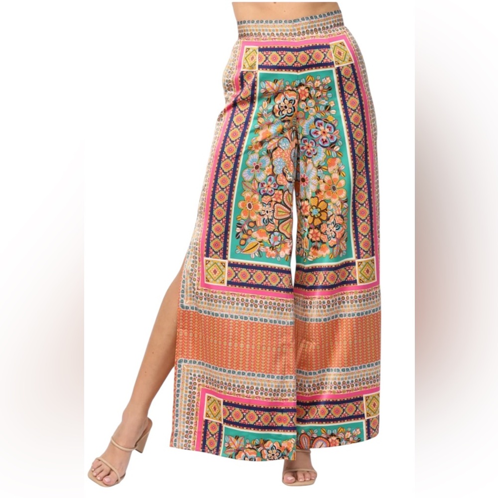 Fate Floral Scarf Print Wide-Leg Palazzo Pants with Side Slit M